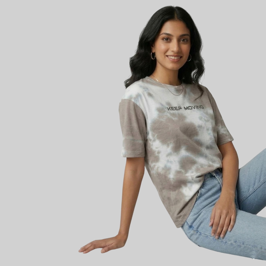 Women Jacquard Boxy Fit Round Neck T-Shirt ELASTO+ Stretch Fit Breathable Soft Casual Wear