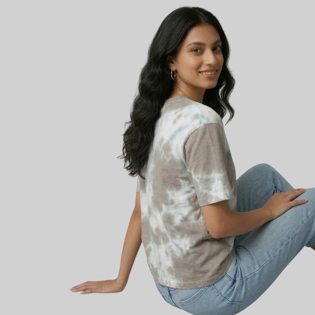 Women Jacquard Boxy Fit Round Neck T-Shirt ELASTO+ Stretch Fit Breathable Soft Casual Wear