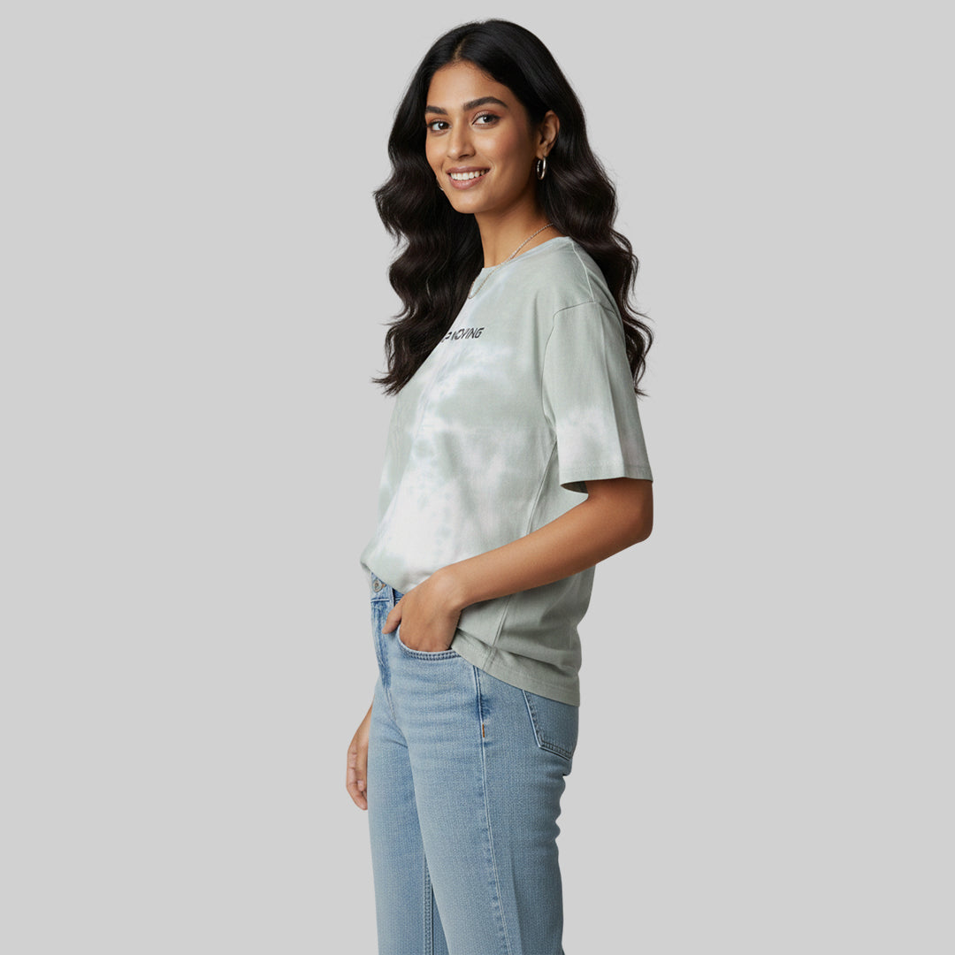 Women Jacquard Boxy Fit Round Neck T-Shirt ELASTO+ Stretch Fit Breathable Soft Casual Wear