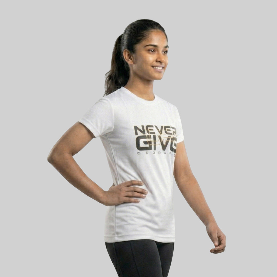 Women Typography Print Sports T-Shirt ELASTO+ Stretch Fit Breathable Gym Tee