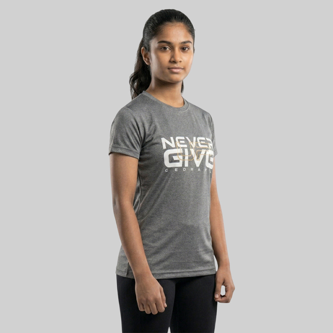 Women Typography Print Sports T-Shirt ELASTO+ Stretch Fit Breathable Gym Tee