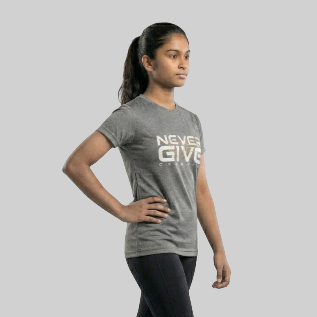 Women Typography Print Sports T-Shirt ELASTO+ Stretch Fit Breathable Gym Tee