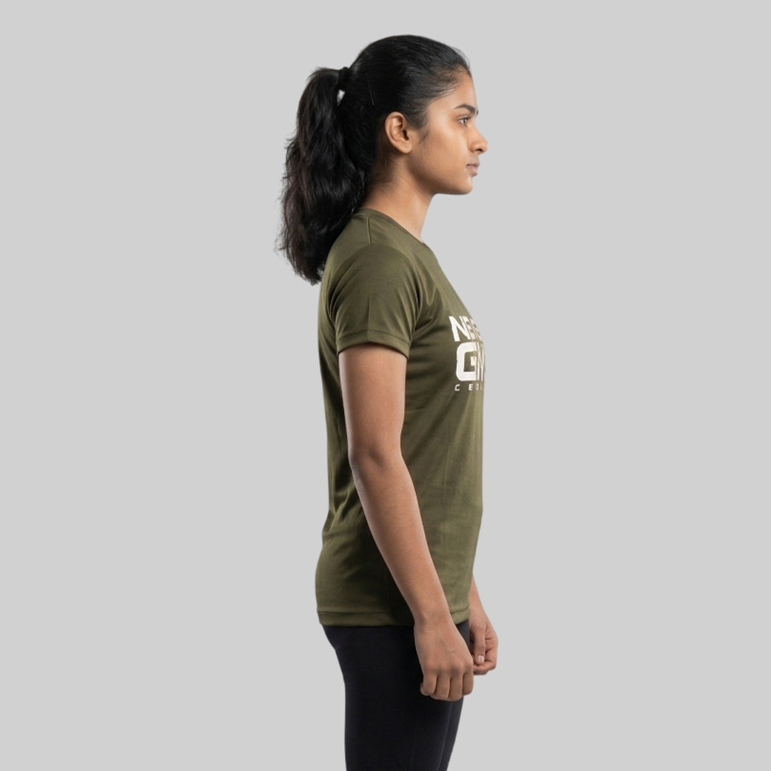Women Typography Print Sports T-Shirt ELASTO+ Stretch Fit Breathable Gym Tee