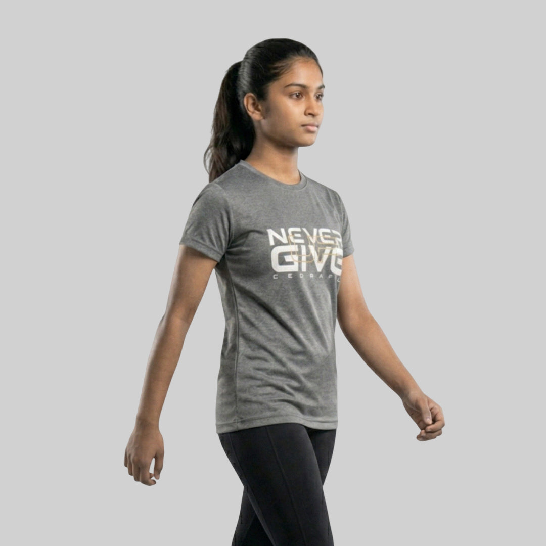 Women Typography Print Sports T-Shirt ELASTO+ Stretch Fit Breathable Gym Tee