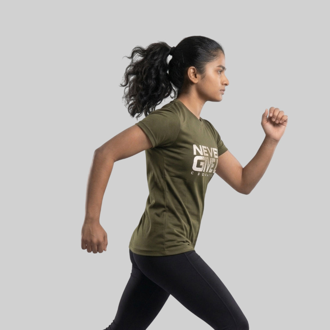 Women Typography Print Sports T-Shirt ELASTO+ Stretch Fit Breathable Gym Tee