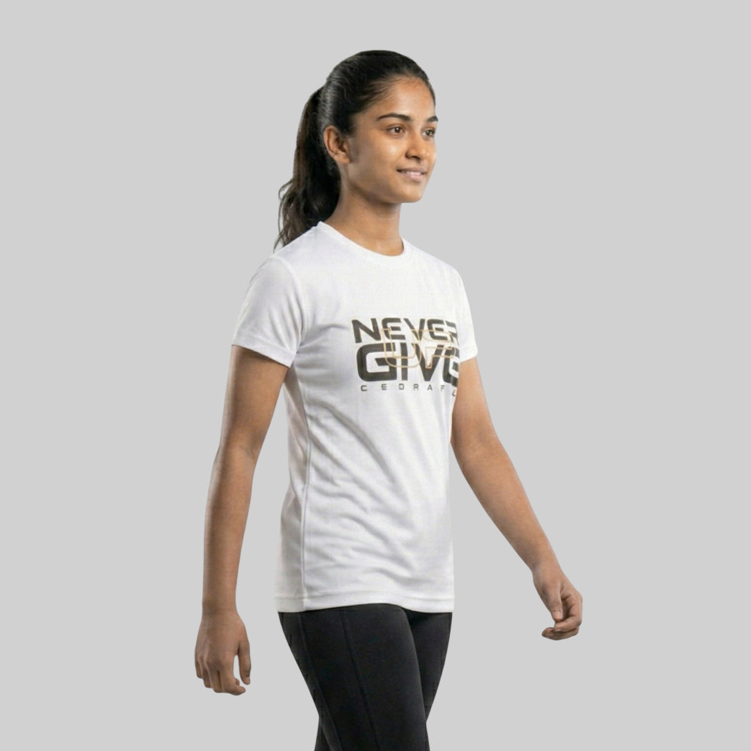 Women Typography Print Sports T-Shirt ELASTO+ Stretch Fit Breathable Gym Tee