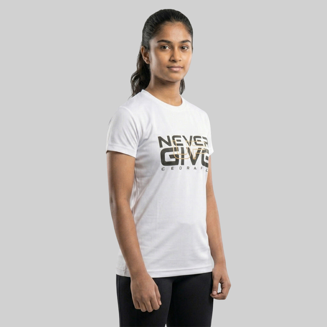 Women Typography Print Sports T-Shirt ELASTO+ Stretch Fit Breathable Gym Tee